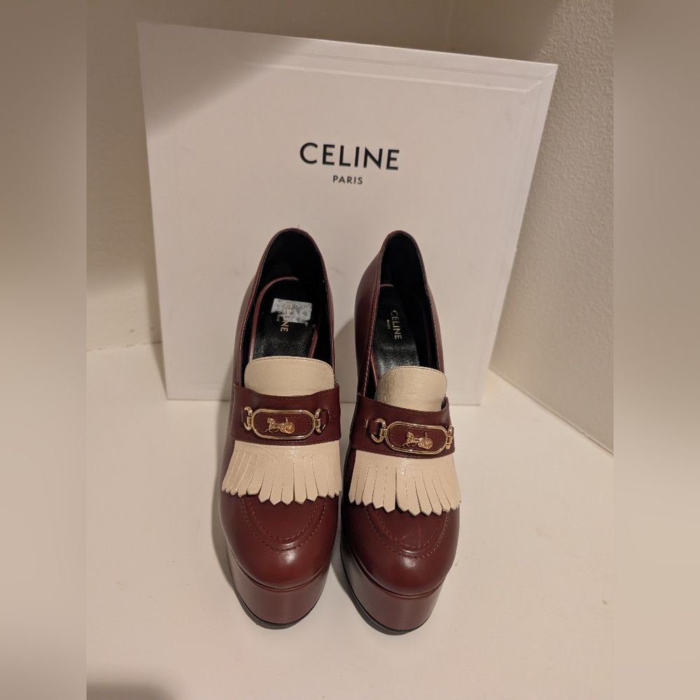 Celine Red Melody Platform Loafers With Buckle